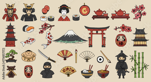 Flat lay illustration of Japanese cultural icons including Mount Fuji, samurai, geisha, sushi, and cherry blossoms, in a warm, neutral color palette against a beige