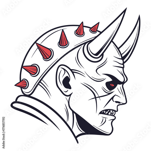 Profile of an Angry Spiked Demon Head with Red Eyes