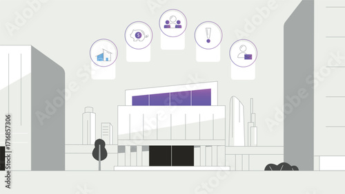 urban Business Building with Financial and Communication Icons