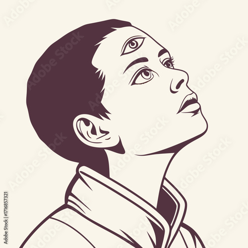 ThreeEyed Woman Looking Upward in Contemplation with Short Hair and Jacket
