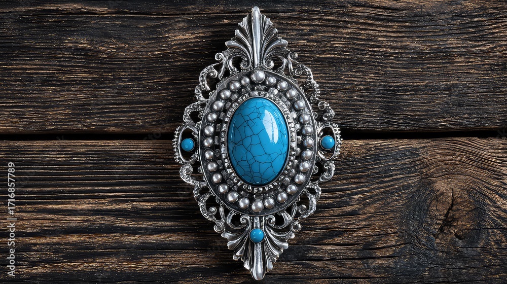 Naklejka premium Intricate Silver Brooch with Turquoise Gem Set Against Weathered Wooden Background