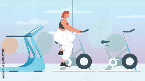 Woman Exercising on Stationary Bike in Modern Gym