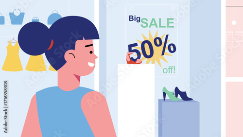 Woman Shopping at Store with 50% Off Sale Sign