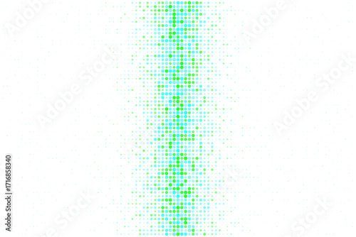 Abstract digital background with glowing green and blue dots forming a vibrant vertical light stream, representing data flow or futuristic technology.