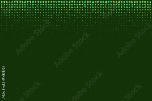 Abstract digital background with a gradient of green squares and pixels fading into a dark, technological pattern, creating a modern data flow effect.