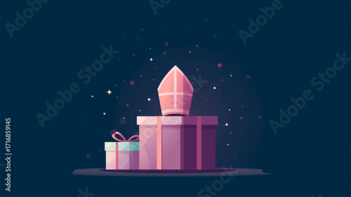 Gift box with bishop mitre hat symbolizing St. Nicholas Day celebration festive background.