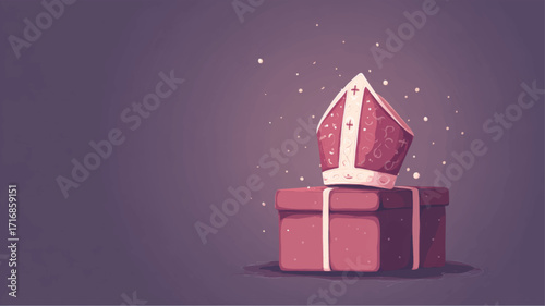 Gift box with bishop mitre hat symbolizing St. Nicholas Day celebration festive background.