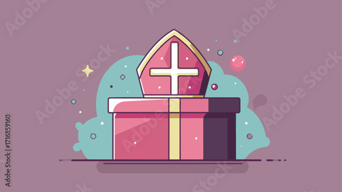 Gift box with bishop mitre hat symbolizing St. Nicholas Day celebration festive background.