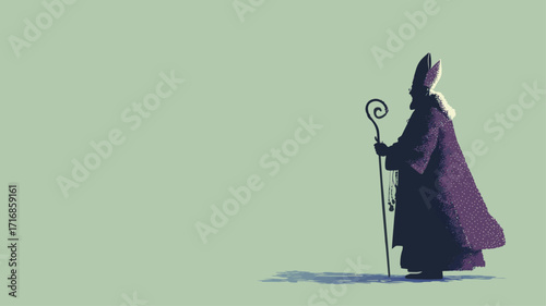 Silhouette of Saint Nicholas with bishop mitre and staff on festive holiday gradient background.