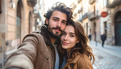 Happy couple taking a selfie in a beautiful European city street.
