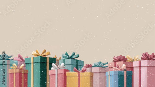Festive Christmas pastel gift boxes with colorful ribbons holiday presentation template background vector illustration.