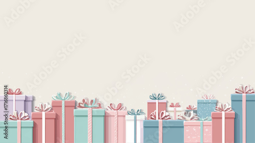 Festive Christmas pastel gift boxes with colorful ribbons holiday presentation template background vector illustration.