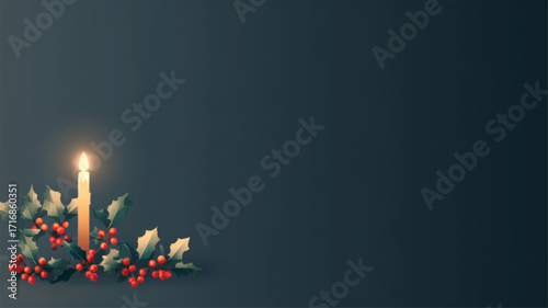 Glowing Christmas candle with holly berries festive seasonal holiday background vector presentation template.