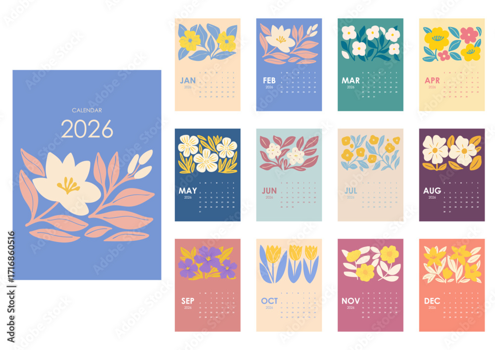 Fototapeta premium Colorful Botanical 2026 Calendar, Printable Wall and Desk Planner, Vibrant Flower Art Calendar 2026, Aesthetic Wall Decor