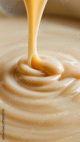Slow motion of creamy caramel sauce swirling and flowing in smooth golden waves