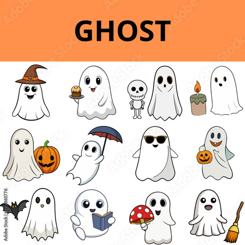 Set of cartoon ghosts with Halloween symbols and playful expressions  