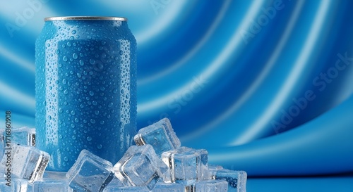 Close-up studio shot of a cold, blue aluminum beverage can resting on ice cubes against a blue fabric backdrop, conveying a refreshing mood.