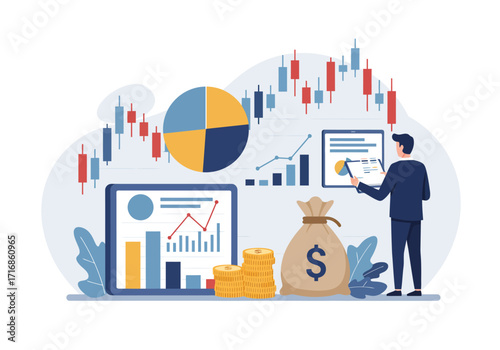 An illustration depicting a man analyzing complex financial data.