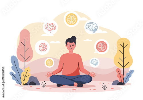 An illustration of a man meditating outdoors. He is seated in a cross-legged position with his eyes closed.