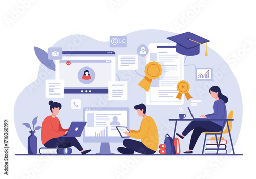 An illustration depicting collaborative online learning.