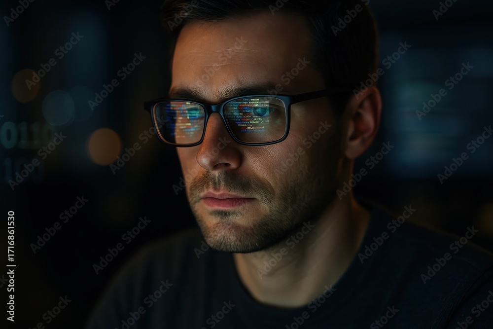 Obraz premium Night coder with neon code reflections in glasses focused on debugging secure app in a dark office cinematic closeup portrait with tech ambience