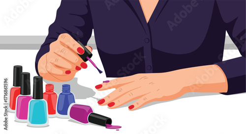 A person applies red nail polish, symbolizing a personal care and beauty routine.