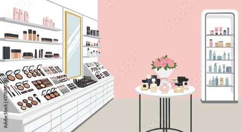 A beautifully lit beauty and cosmetics store showcases an elegant display of makeup and skincare products.