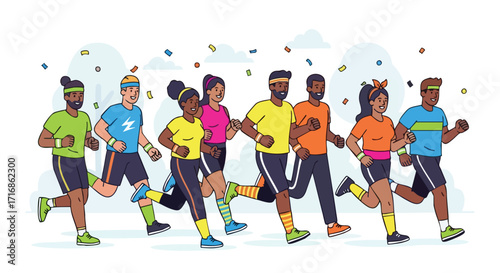 Diverse Group of People Running a Fun Race with Confetti