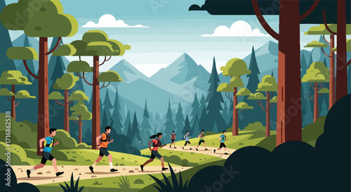 Group of People Trail Running in a Forest with Mountains