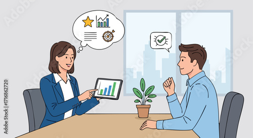 A manager and an employee discuss business goals, performance metrics, and career progression in a one-on-one meeting.