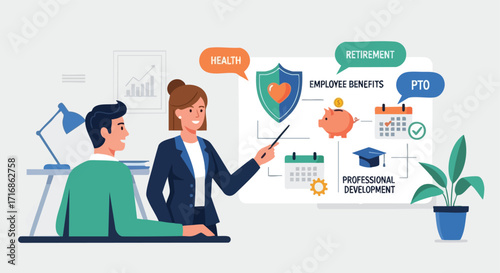 A human resources professional explains employee benefits like health, retirement, professional development, and paid time off to a team member.