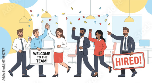 A celebratory welcome event in an office for new hires with confetti and signs.