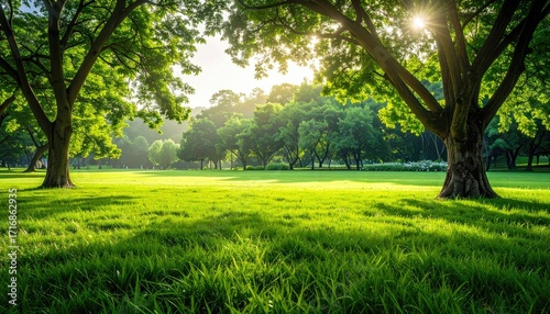 Fototapeta Naklejka Na Ścianę i Meble -  Lush Green Meadow with Sunlight Filtering Through Trees on a Sunny Day