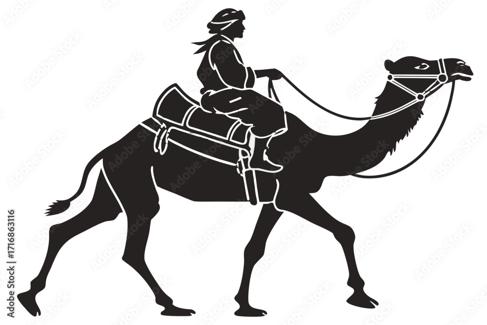 Fototapeta premium Camel with Rider Silhouette – Vector File, Transparent Background