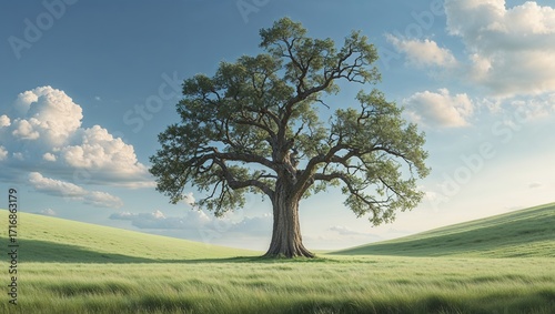 Majestic Oak Tree in Rolling Green Field under Blue Sky
