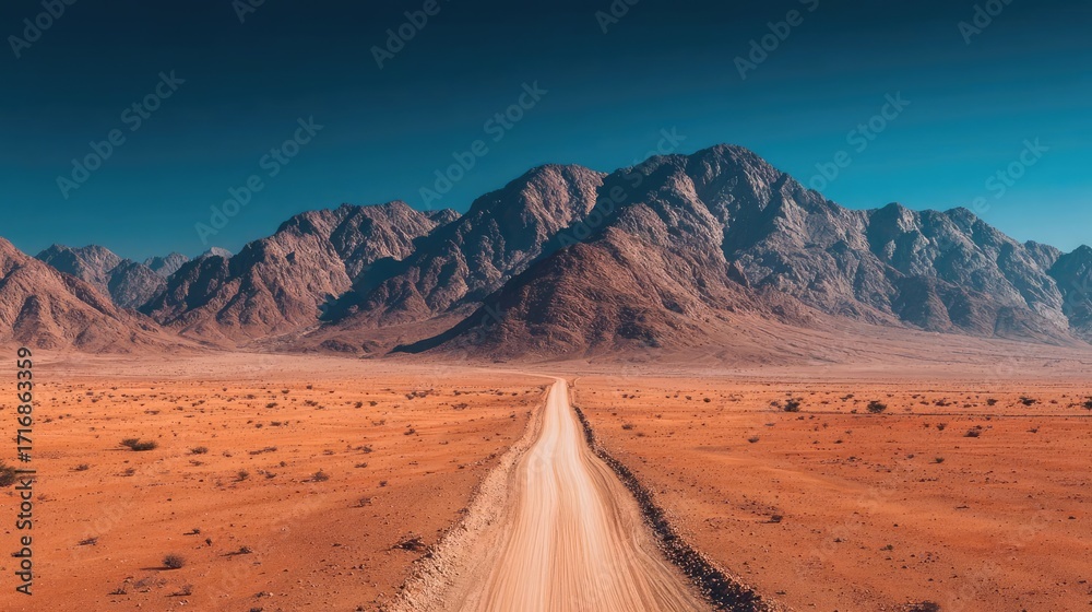 Naklejka premium Long desert road with sandy mountain background concept. Stunning desert landscape with a winding road and majestic mountains.