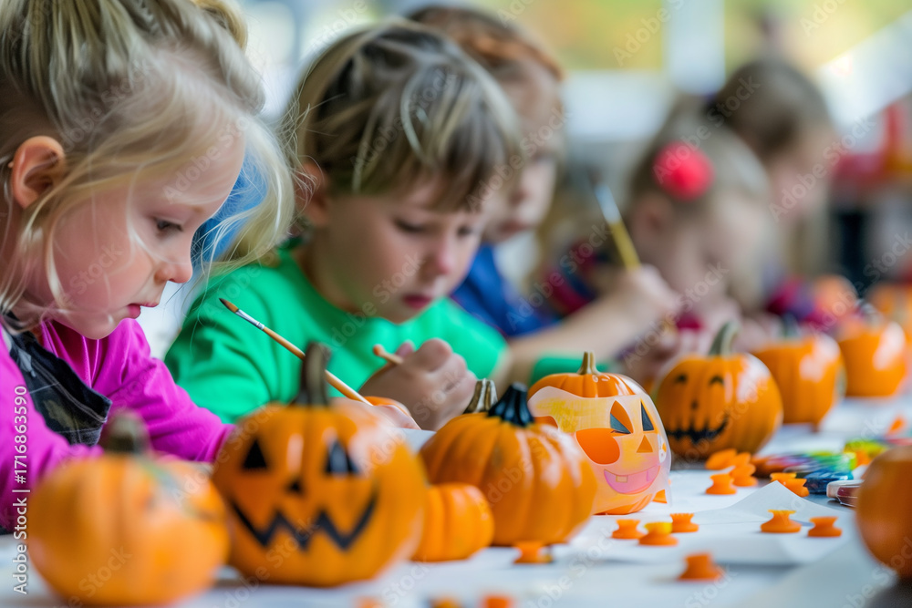 Fototapeta premium School kids drawing jack-oÂ’-lanterns