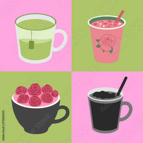 set illustration vector graphic of various flavors of cafe drinks matcha, strawberry, charcoal