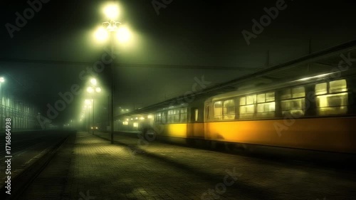 A misty night at the train station, illuminated by streetlights, casts a serene ambiance on a yellow tram.
