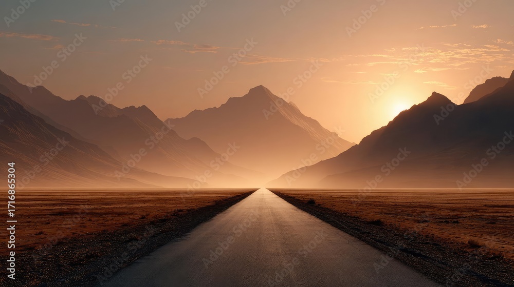 Obraz premium Long desert road with sandy mountain background concept. Serene mountain road at sunset with a beautiful horizon glow.