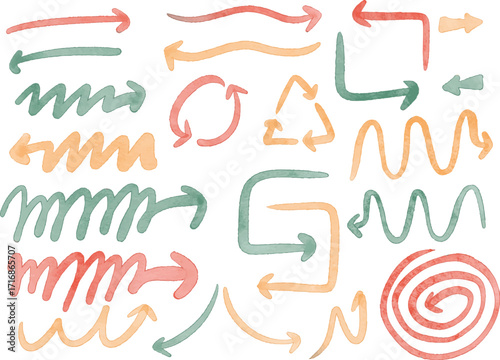 Watercolor Hand Drawn Arrows Set – Colorful Decorative Direction Symbols and Doodle Elements