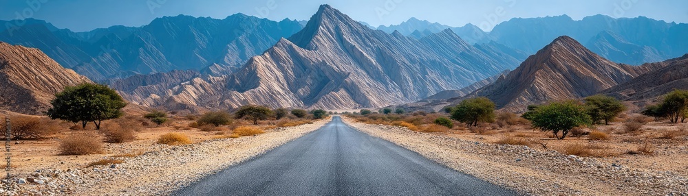 Fototapeta premium Long desert road with sandy mountain background concept. Majestic mountain road leading through arid desert scenery.