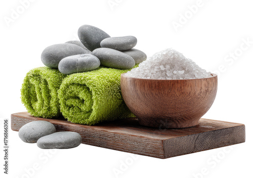 Spa stones, towels, and sea salt in wooden bowl