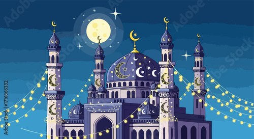 Mosque with a Crescent Moon and Stars at Night