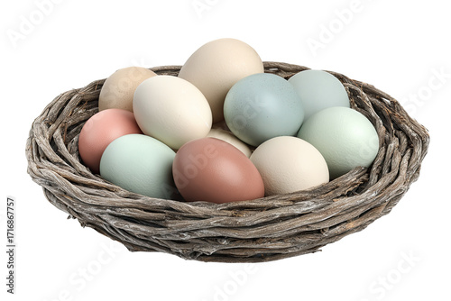 Colorful eggs nestled in a rustic nest