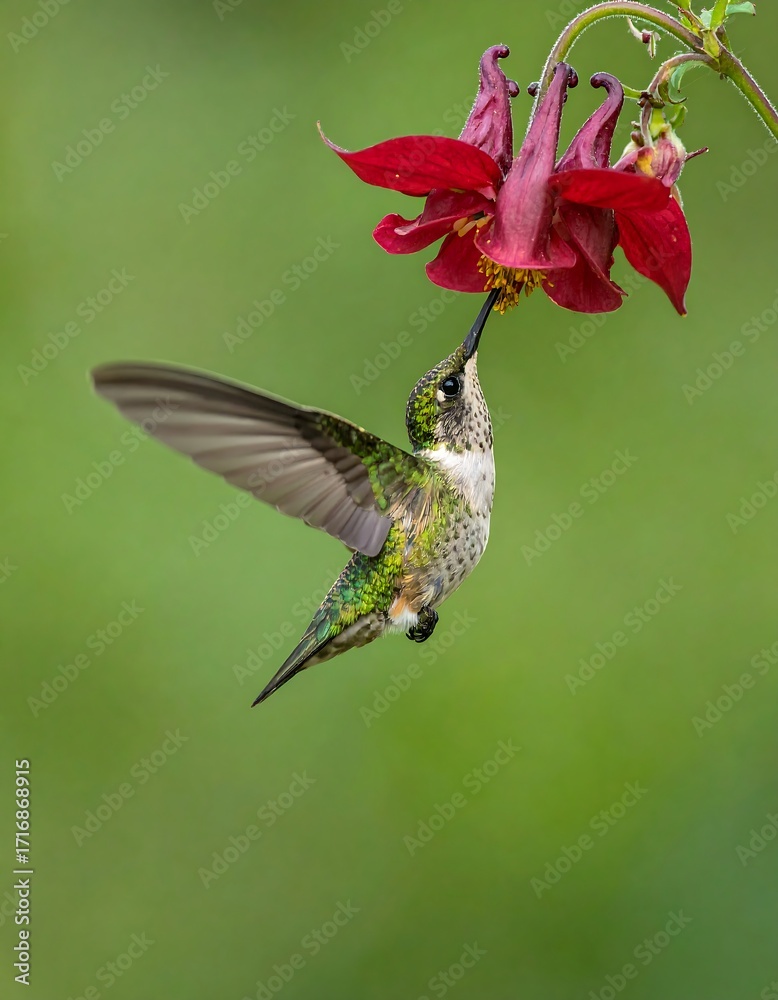 Fototapeta premium Hummingbird feeding on a vibrant red flower