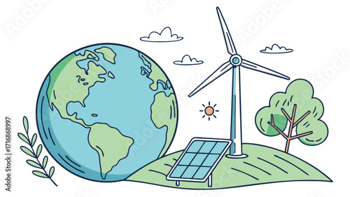 Wind power plant with wind turbine and solar panels on earth globe