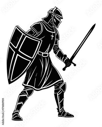 Knight with Shield and Sword Silhouette – Vector File, Transparent Background