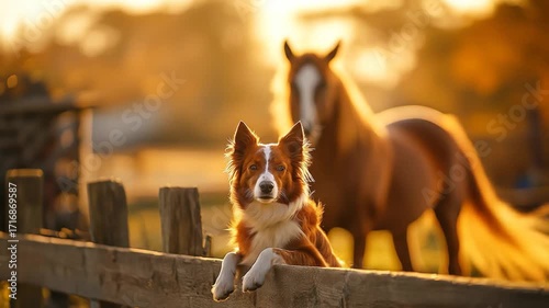A dog and a horse bask in warm sunlight by a wooden fence, captured in a golden hue