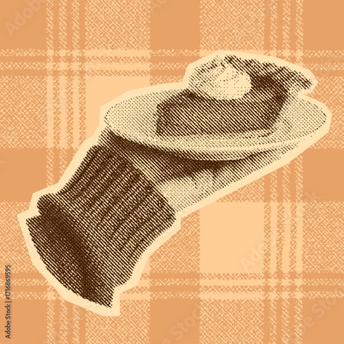 hand holding a piece of the pumpkin pie, retro halftone style, cozy autumn food illustration 
